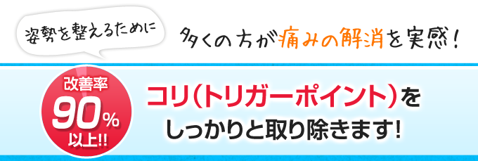 姿勢を整えるために多くの方が痛みの解消を実感!改善率90%以上!!コリ(トリガーポイント)をしっかりと取り除きます!